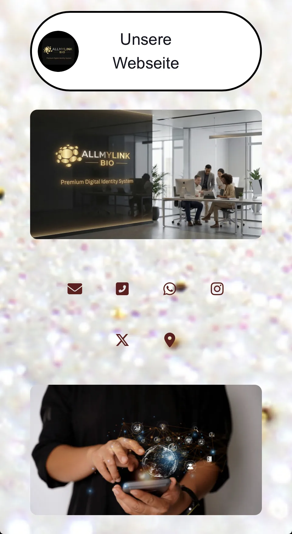 AllMyLink BioLink Webseite — Unsere Webseite Sektion mit Social Icons