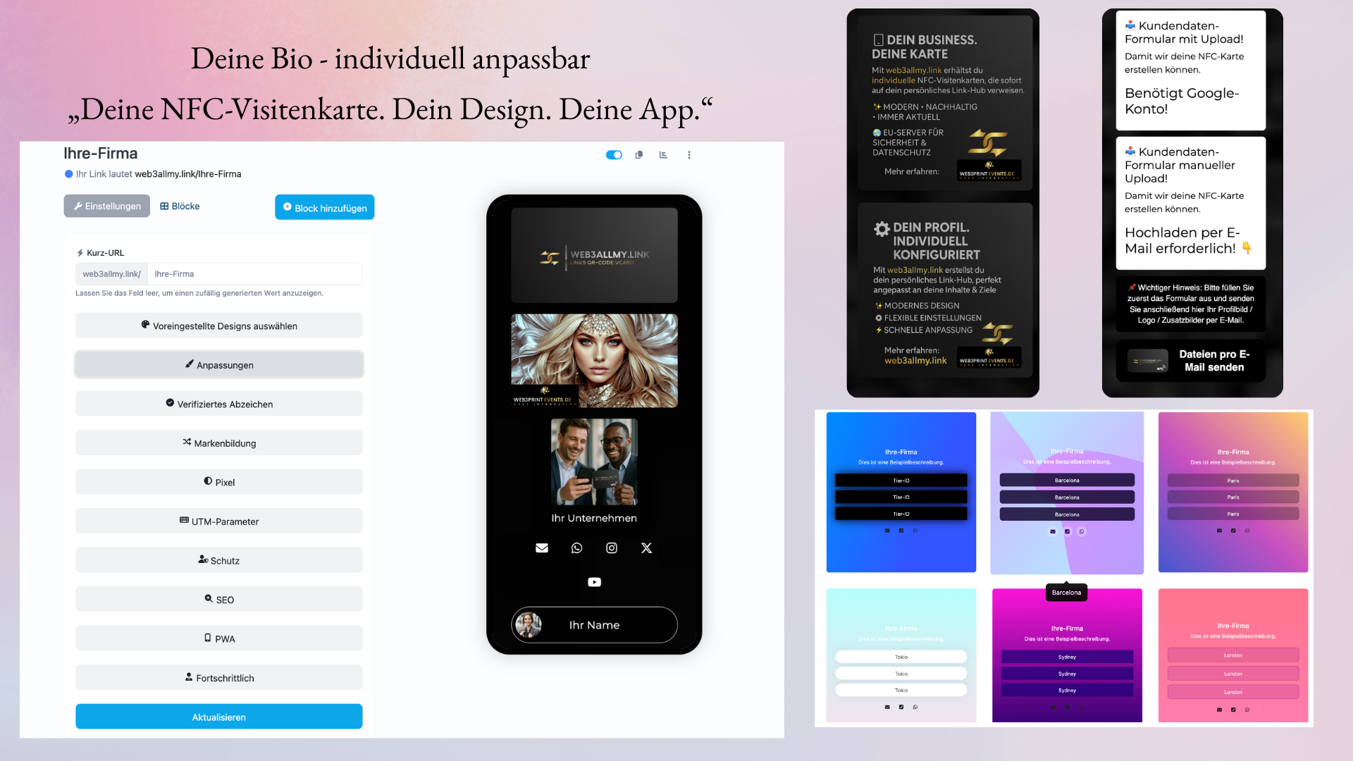 BioLink-Editor mit individuellem Design — Profil konfigurieren, Designs w&auml;hlen, Formulare einrichten
