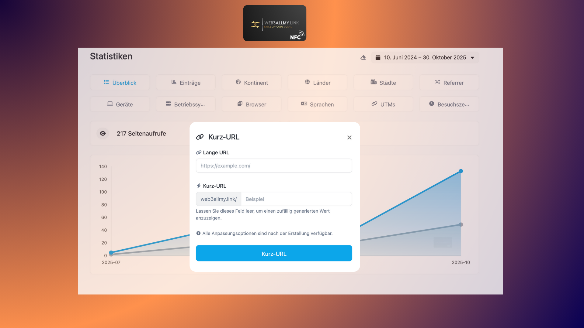 Kurz-URL Generator und Echtzeit-Statistiken — 217 Seitenaufrufe, 90 Besucher